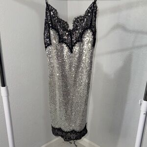 Silver Sequin Dress with Black Lace Trim